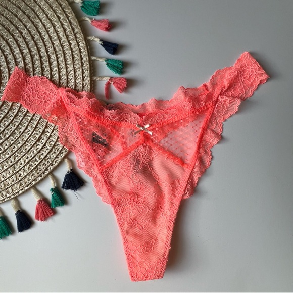 Victoria's Secret Lace & Mesh Thong Panty Neon Nectar Small NEW - Picture 8 of 8